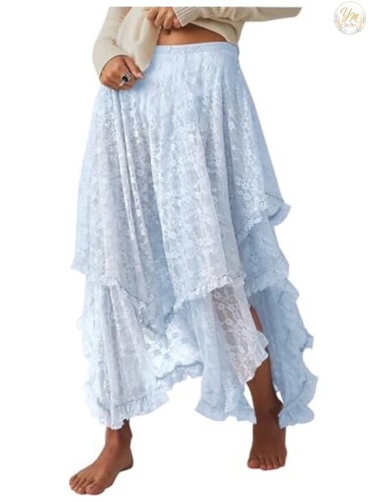 Dresses & Skirts - Flowy Boho Maxi Skirt with Floral Lace, Elastic Waist, Ruffle Hem, Sheer